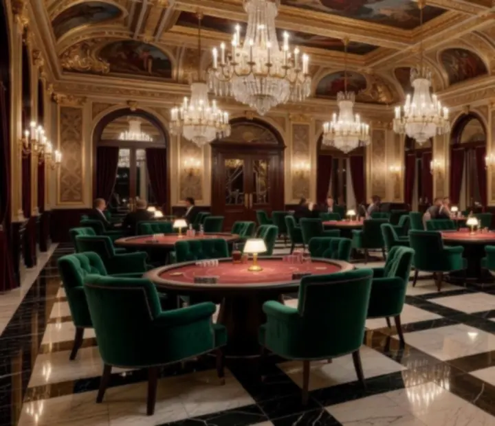 Salle de casino luxueuse avec éclairages chaleureux, tables de poker élégantes et décoration contemporaine