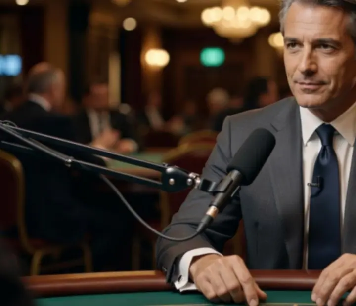 Joueur français de poker en pleine interview dans une salle de tournoi