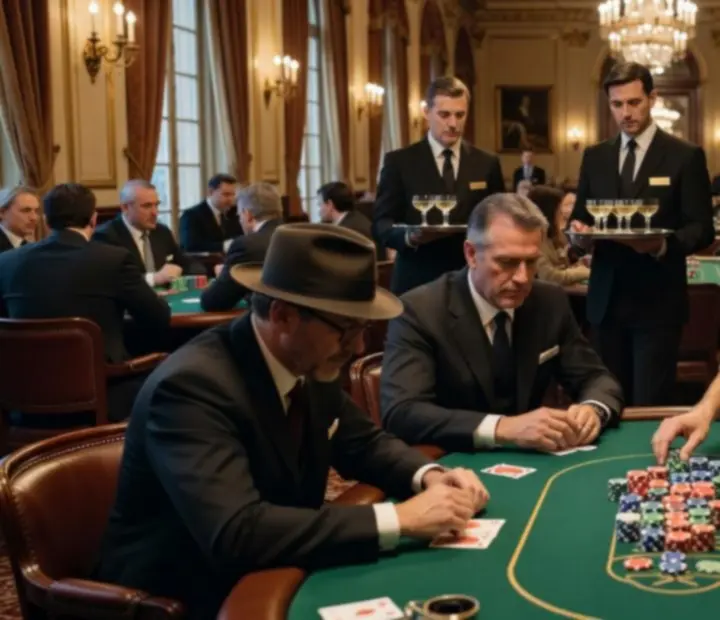 Vue d'ensemble d'un tournoi de poker live avec tables remplies, croupiers professionnels et éclairage cinématographique