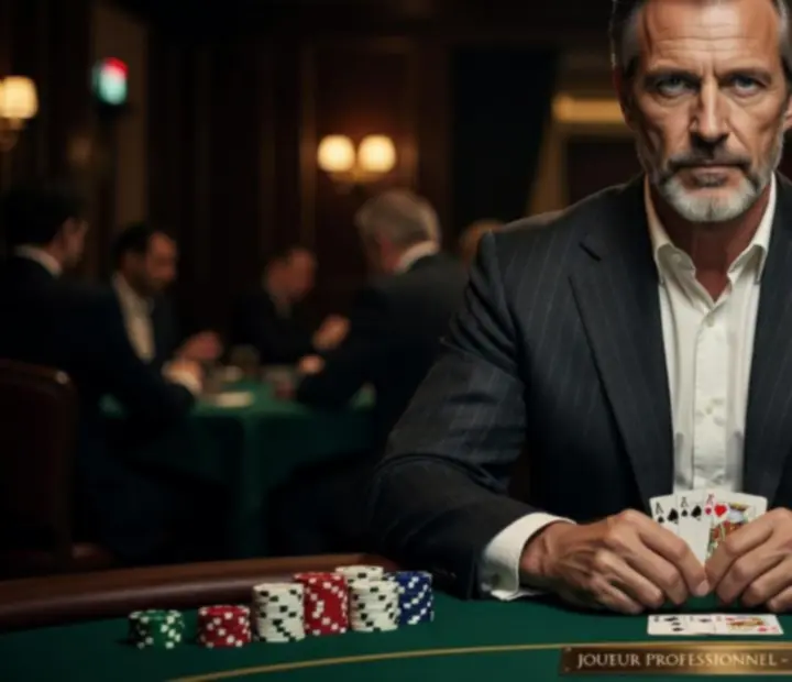 Portrait éditorial d'un joueur de poker concentré à la table