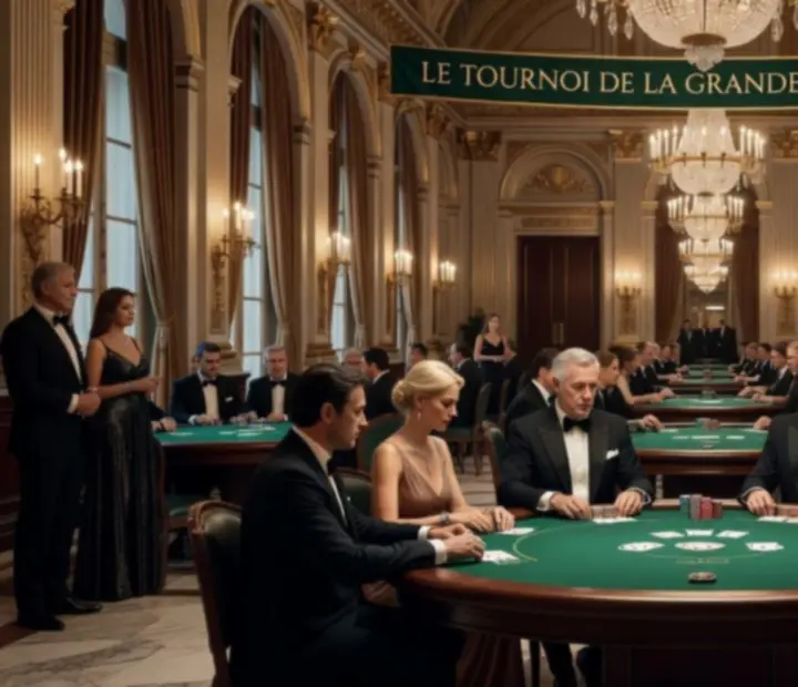 Salle de tournoi de poker à l'architecture moderne et lumière cinématographique