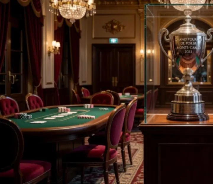 Trophée de poker posé sur une table dans une grande salle de tournoi élégamment éclairée