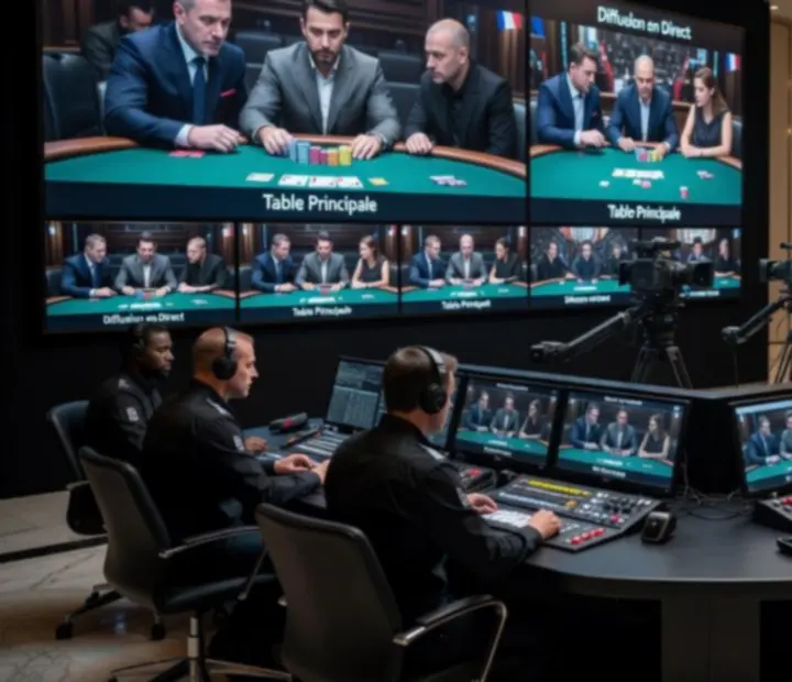 Vue cinématographique d’un plateau de streaming dédié à un tournoi de poker live
