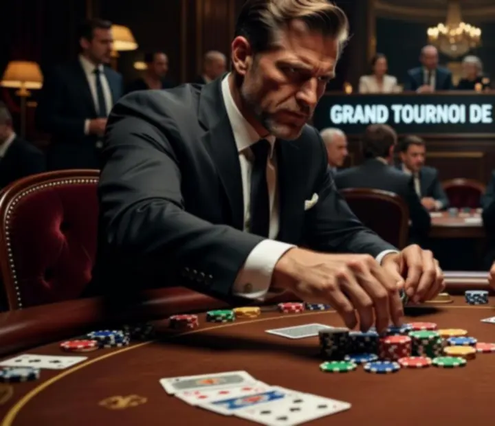Vue cinématographique d'une table de poker lors d'un tournoi en France